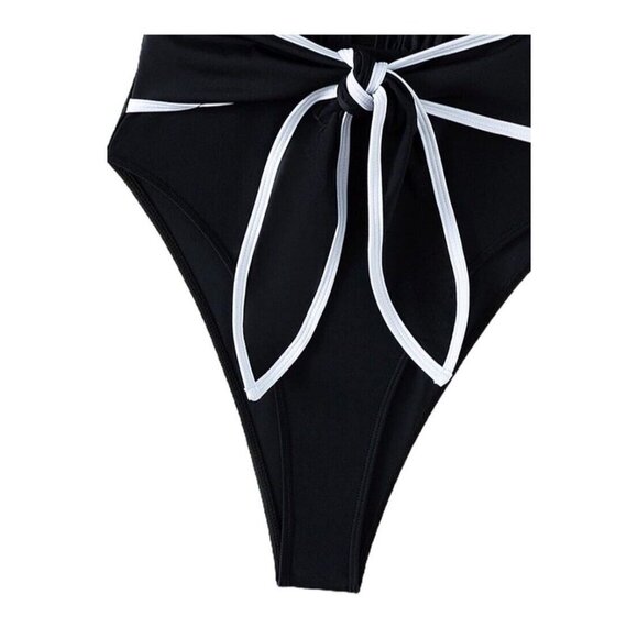 Hilinker‎ Womens S One Piece Bathing Swim Suit Front Tie Bow Black Deep V Neck - Picture 8 of 8